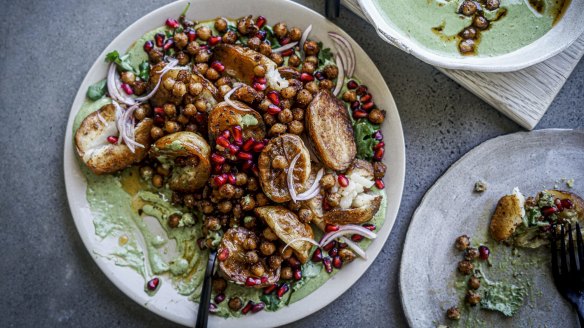 An Indian-inspired snack of spice roasted potatoes, chickpeas and mint yoghurt.