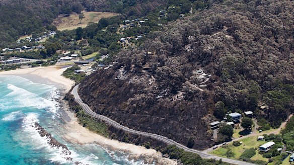 The burnt out hills above Wye River.