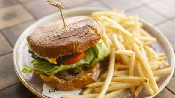 Toasted cheeseburger jaffle and fries.