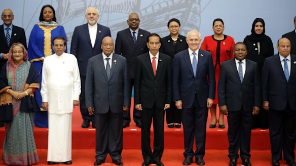 Malcolm Turnbull and Indonesian President Joko Widodo pose with fellow Indian Ocean Rim Association leaders, including representatives  of Yemen and Iran, both subject to the US travel ban.