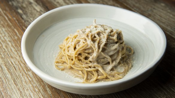 Tagliolini (cacio e pepe) with truffle pecorino and black pepper. 