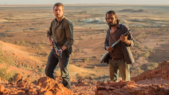 Opening night attraction ... Alex Russell and Aaron Pedersen in <i>Goldstone</i>.