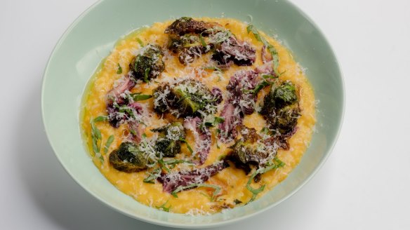 Pumpkin risotto, basil, braised radicchio, balsamic-glazed fried sprouts.
