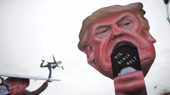 Anti-Donald Trump cut-outs at the March for Science in Philadelphia.
