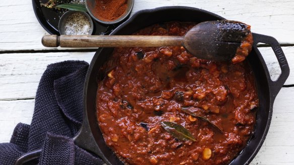 Eggplant tomato pasta sauce recipe from Dan Lepard.