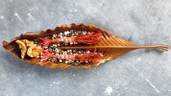 Scarlet prawns with prawn roti.