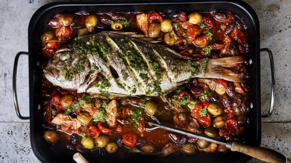 Puttanesca baked fish with salsa verde.  