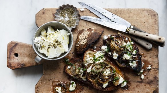 Feta and grilled onion bruschetta.