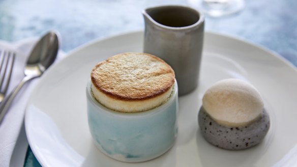 Lemon souffle with salted almond gelato.