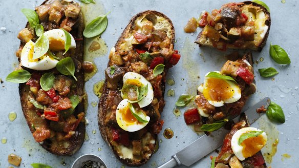 Jammy centred soft-boiled eggs and ratatouille on toast.