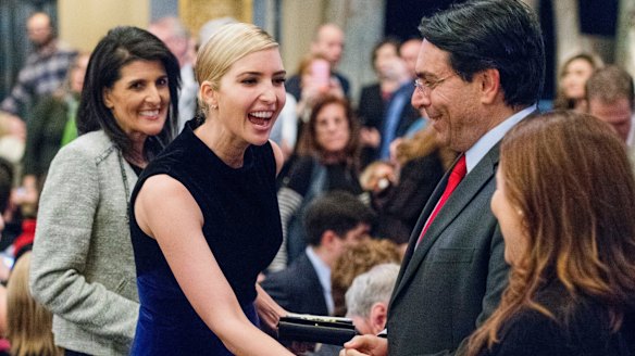 Ivanka Trump greets patrons at the show as the US Ambassador to the UN Nikki Haley, left, looks on.