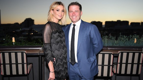 Karl Stefanovic and Jasmine Yarbrough at Harper's Bazaar Australia's 20th anniversary edition party on Tuesday night at Matt Moran's Smoke rooftop bar in Barangaroo.