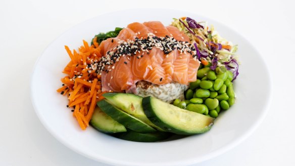 Fresh bowl with salmon sashimi. 