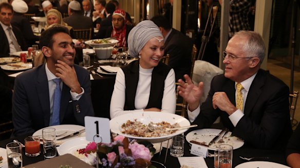 Prime Minister Malcolm Turnbull, with broadcaster Waleed Aly and his wife Susan Carland, hosted an Iftar dinner at Kirribilli House in Sydney.