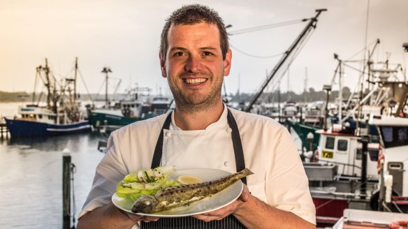 Sodafish chef Nick Mahlook at his floating restaurant on the harbour at Lakes Entrance.