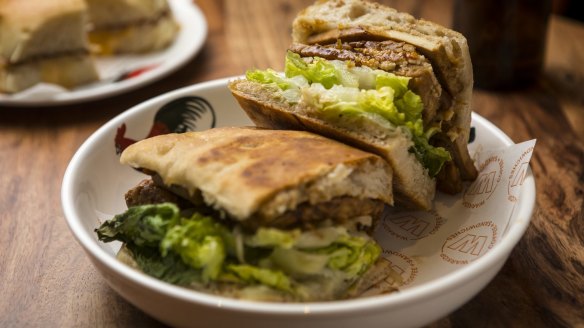 Gado-gado focaccia with tofu and tempeh.