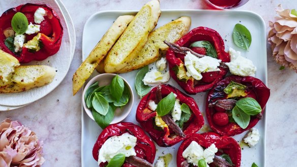 Italian-style capsicum halves topped with mozzarella, anchovy and basil.