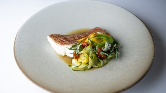 Steamed coral trout, spanner crab, zucchini and saffron. 