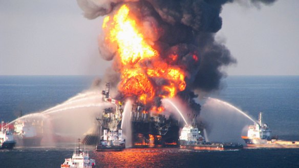 Fire boat response crews battle the blazing remnants of the real oil rig Deepwater Horizon, off Louisiana, in 2010.
