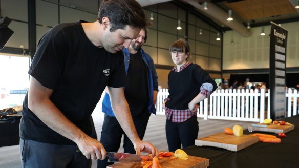 Attica's Ben Shewry on the judging block with Mike Eggert and Jemma Whiteman at the Sydney Knife Show.