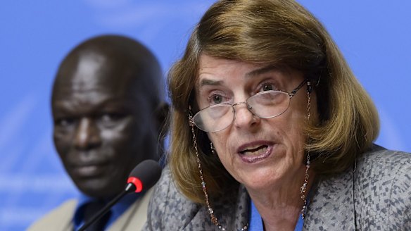 Panel chairwoman Mary McGowan Davis and commission member Doudou Diene in Geneva.