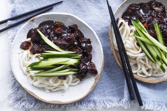 Udon noodles in black bean sauce.