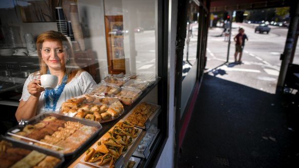 Sweet success: after three years in Australia, Joumana Charaf now runs the Trio Pasta, Sweets and Nuts in Lygon Street, Carlton, with her family. 