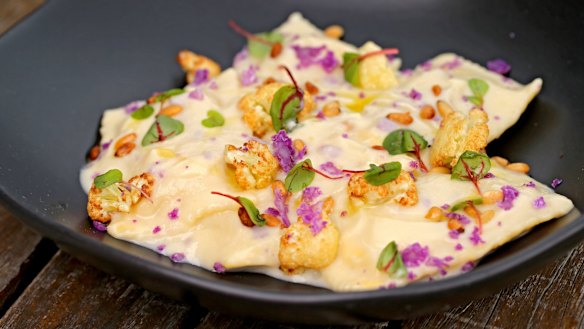 Four cheese ravioli with cauliflower puree.