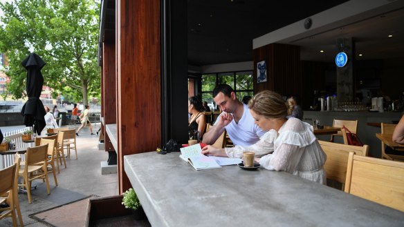 Prime position: window seats at the cafe's concrete counters.