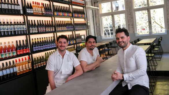 Brothers Sam and Tom Peasnell and Adam Goldblatt at their new restaurant Cheek in Swanston Street. 