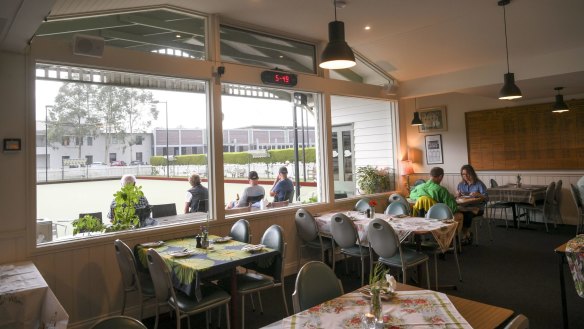 Lorne Bowls Club's dining room has an op-shoppy aesthetic.