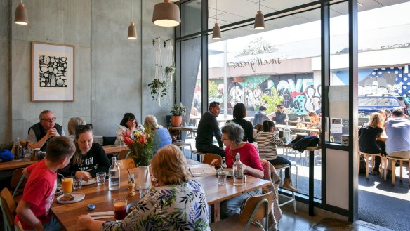 Homely: Small Graces cafe in Footscray features a large communal table.