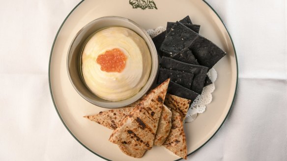 Whipped cod roe with charcoal crackers and roti-like bread.