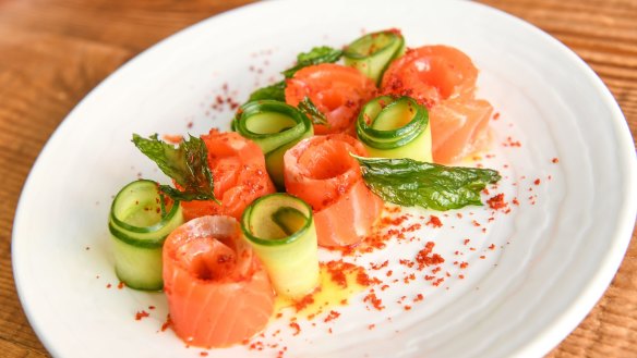 House-cured Ora king salmon with citrus and cucumber.