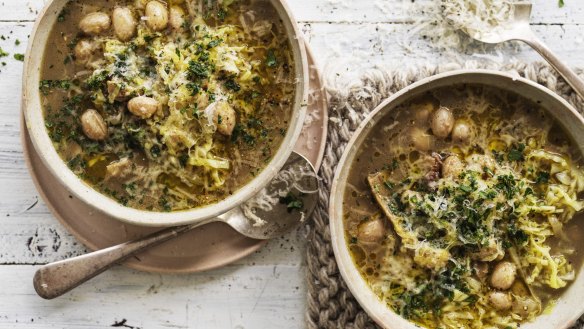 Hearty winter vegetable soup with borlotti beans and porcini mushrooms.