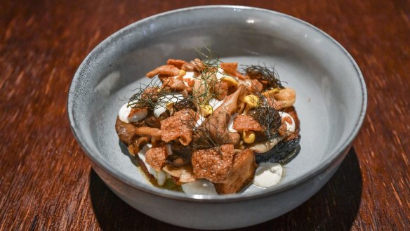 Mixed mushrooms with fennel and goat's curd.