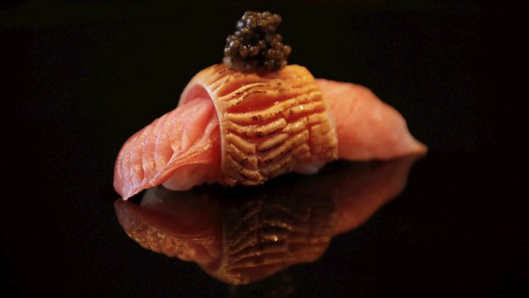 'Double toro' nigiri with eggplant pickle and caviar.