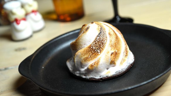 Vesuvius dessert shrouded in an aquafaba (chickpea brine) meringue.