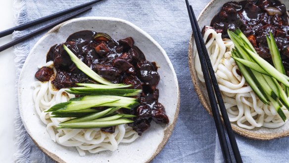 Udon noodles in black bean sauce.