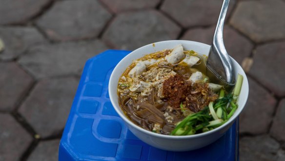 A bowl of bun cha, a popular street food in Hanoi, Vietnam, 