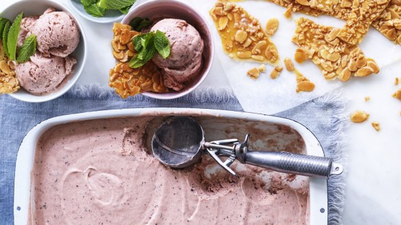 No-churn roasted strawberry and mint ice-cream with almond brittle.