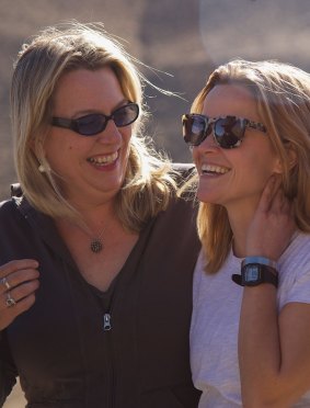 Cheryl Strayed and Reese Witherspoon on the set of Wild.