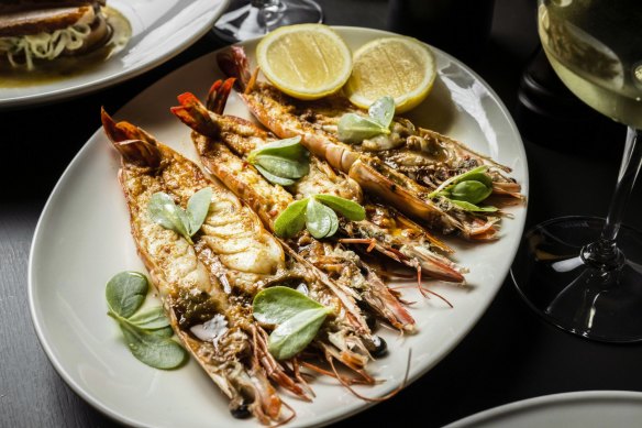 Go-to dish: Grilled Skull Island prawns with 'nduja and sea greens.