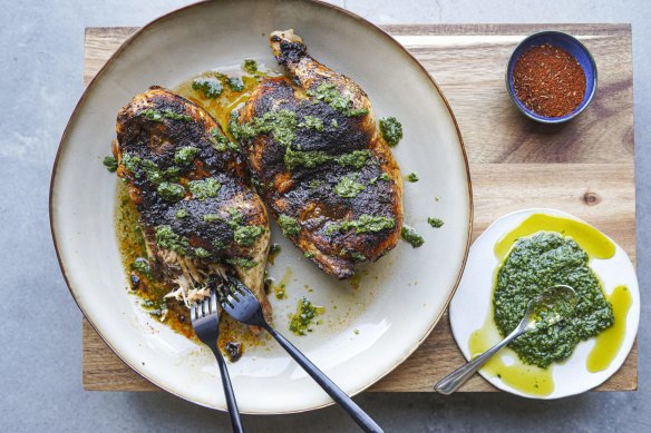 Spice roasted chicken and chimichurri.