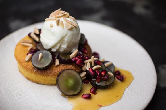 Middle Eastern vibe: The flourless orange and almond cake with grapes, pomegranate and yoghurt sorbet. 
