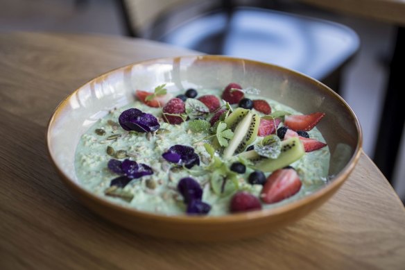 Kombucha, pandan and chia bircher with almond milk served at Went to See the Gypsy in Alexandria.