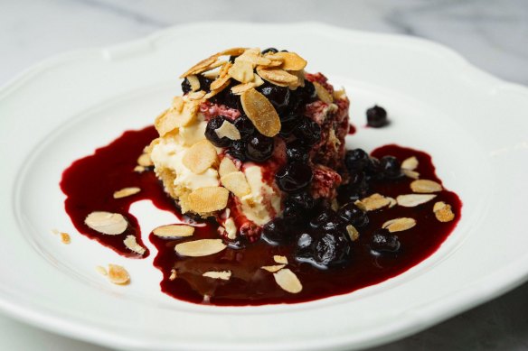 Torta di Verona, with whipped mascarpone, sponge, marsala, blueberries and flaked almonds.