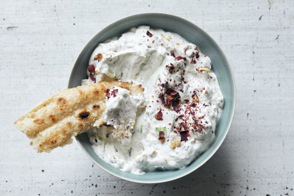 Persian cucumber and herb yoghurt with optional rose petals.