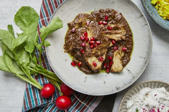 Khoresh-e fesenjoon, or Persian chicken stew with pomegranate and walnuts.