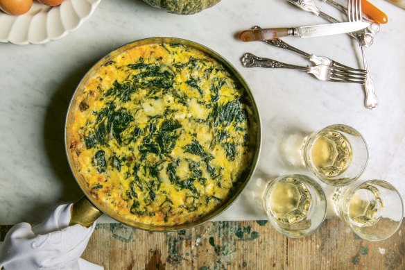 Blissfully cheesy: Spinach, mint and melted cheese Syrian frittata.